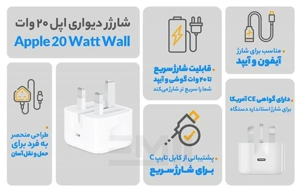 شارژر اپل 20 وات سه پین همراه کابل اصل{مناسب ایفون های 11 الی 16 پرومکس}+محافظ کابل هدیه