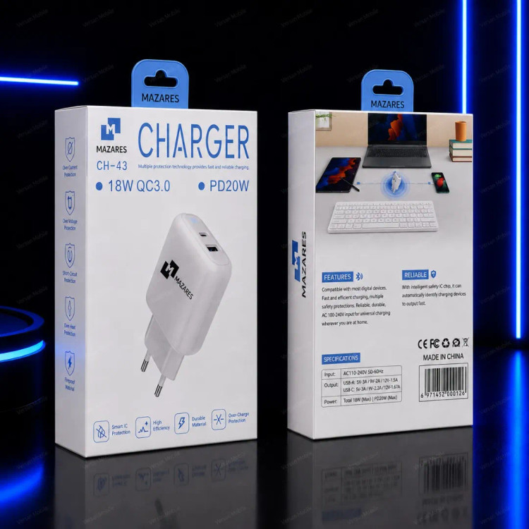 شارژر دیواری مازارس مدل CH-43 دو پورت 20 وات
