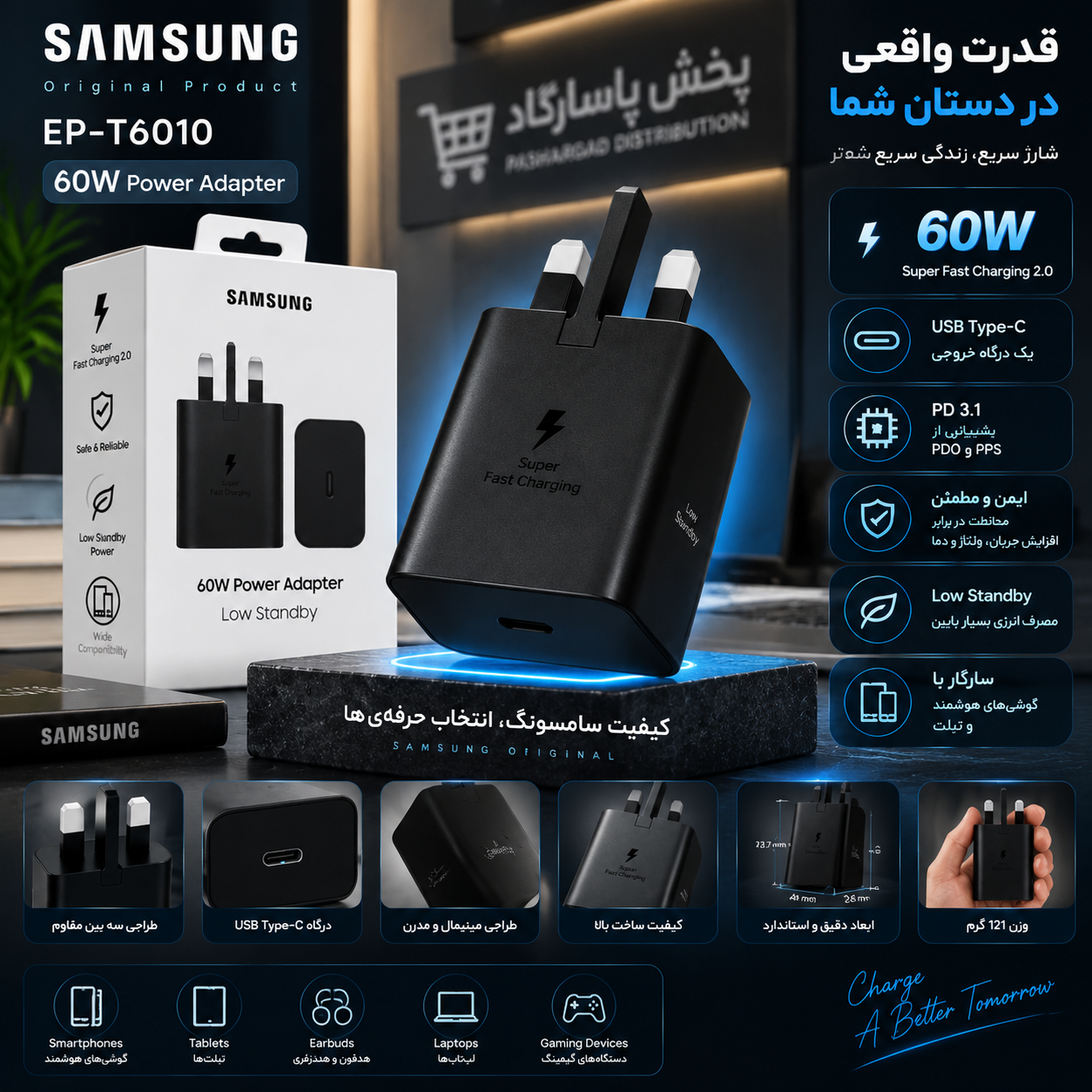 شارژر دیواری 60 وات اورجینال سامسونگ مدل EP-T6010 + تبدیل ۳به ۲ چراغدار هادران هدیه رایگان
