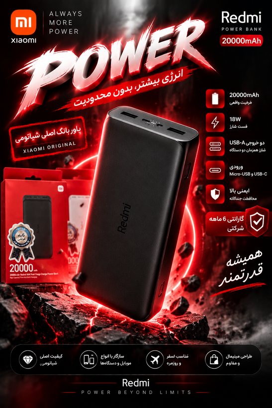 پاوربانک شیائومی اصلی ۲۰ هزار مدل PB200LZM اصل+گارانتی شرکتی طلایی