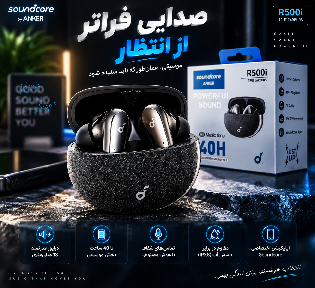 ایرپاد انکر r500 i گارانتی شرکتی ضدآب و غبار(Anker Soundcore R500)