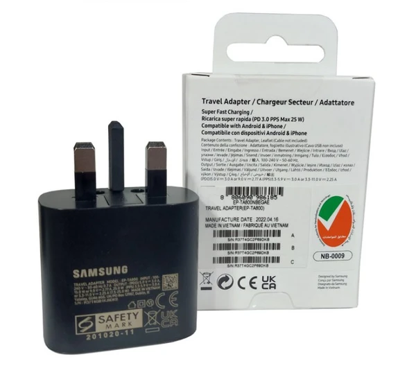 شارژر سامسونگ مدل EP-TA800 25W سه پین اصل+گارانتی شرکتی یک ساله