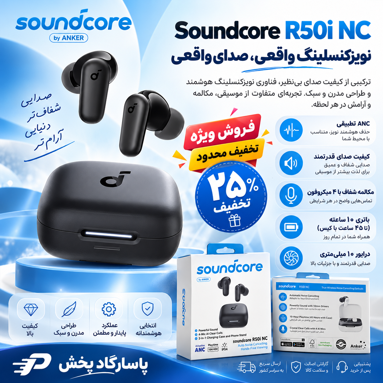 ایرپاد بلوتوثی انکر مدل R50i NC با حذف نویز فعال (قابلیت اتصال به Soundcore ندارد)*قیمت ویژه*(گارانتی شرکتی